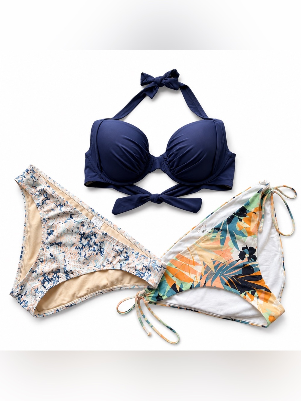 💙 3 Piece Bikini  -Navy Halter Top w/2 Multicolor Print Bottoms Kona,Roxy,Tommy